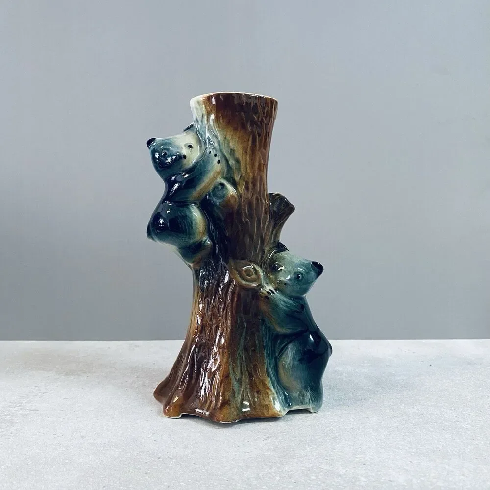 Vintage FREDERICKSBURG ART POTTERY Company Bear Cubs Hugging A Tree Bud Vase